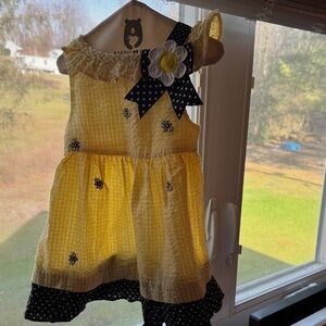 Yellow and Black Baby Dress with embroidered honeybees and Polka Dot Accents